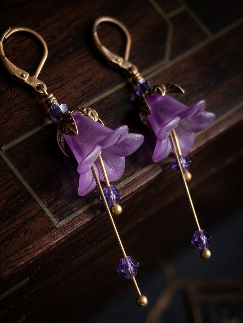 Purple Bellflower/Bluebell Drop Earrings, Cottagecore, Ethereal